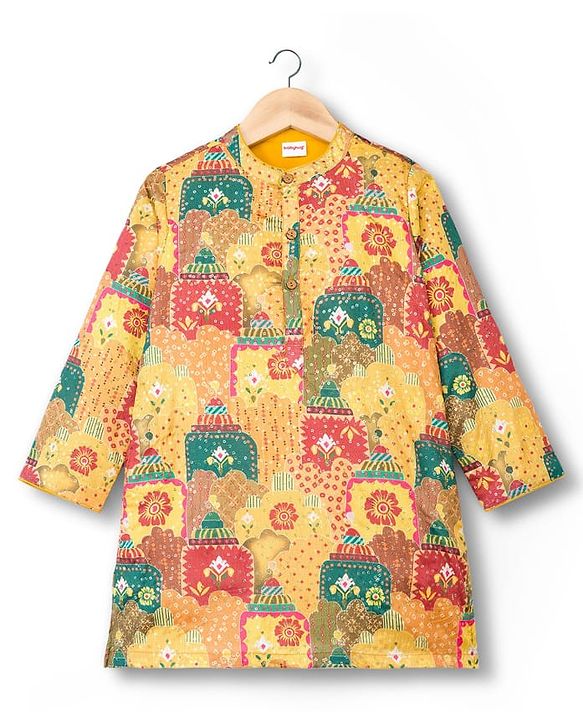 Babyhug Woven Full Sleeves Kurta Pyjama Set With Floral Print - Mustard & Red
