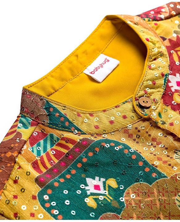 Babyhug Woven Full Sleeves Kurta Pyjama Set With Floral Print - Mustard & Red