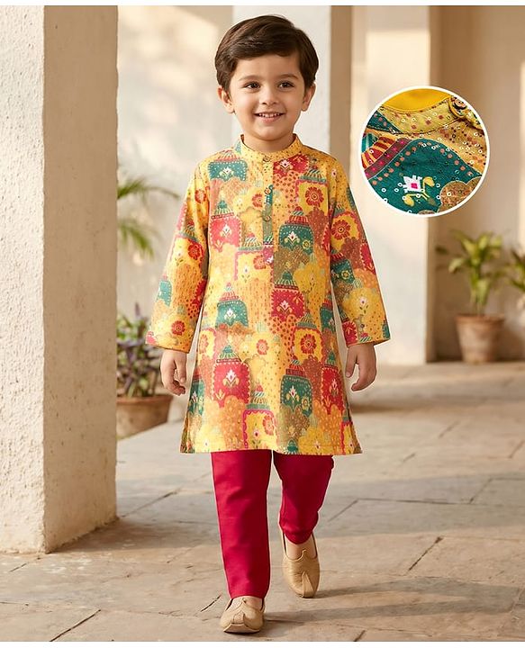 Babyhug Woven Full Sleeves Kurta Pyjama Set With Floral Print - Mustard & Red