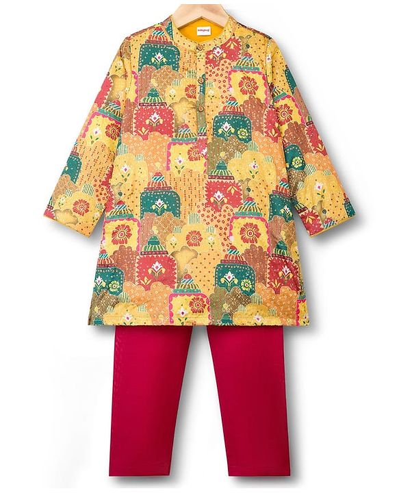 Babyhug Woven Full Sleeves Kurta Pyjama Set With Floral Print - Mustard & Red