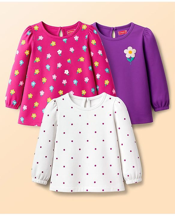 Babyhug Cotton Knit Full Sleeves T-Shirts with Polka Dot & Floral Print Pack of 3 - Pink Purple & White