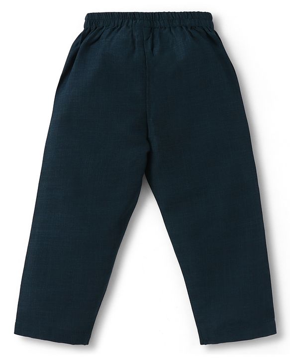 Babyhug Woven Full Sleeves Kurta Pyjama Set With Floral Embroidered Nehru Jacket - Navy Blue
