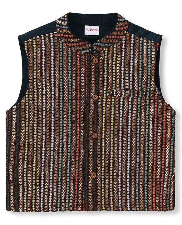 Babyhug Woven Full Sleeves Kurta Pyjama Set With Floral Embroidered Nehru Jacket - Navy Blue