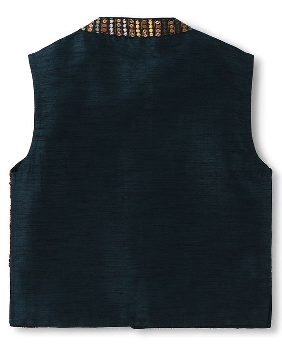 Babyhug Woven Full Sleeves Kurta Pyjama Set With Floral Embroidered Nehru Jacket - Navy Blue