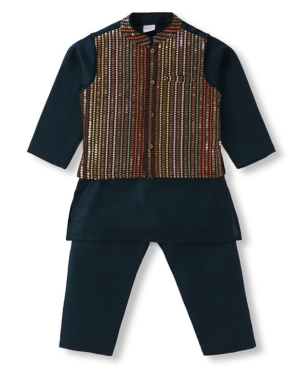 Babyhug Woven Full Sleeves Kurta Pyjama Set With Floral Embroidered Nehru Jacket - Navy Blue