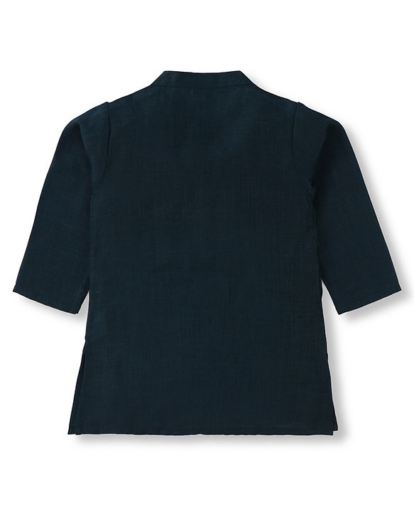 Babyhug Woven Full Sleeves Kurta Pyjama Set With Floral Embroidered Nehru Jacket - Navy Blue