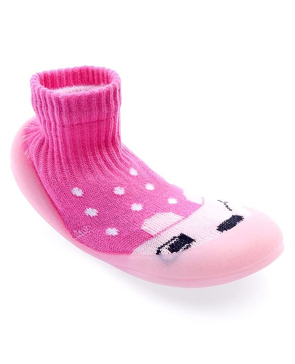 Cute Walk by Babyhug Sock Shoes with Bunny & Polka Dot Design - Fuchsia