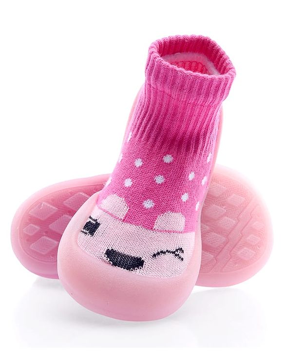 Cute Walk by Babyhug Sock Shoes with Bunny & Polka Dot Design - Fuchsia