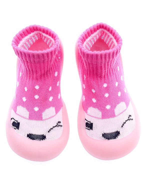 Cute Walk by Babyhug Sock Shoes with Bunny & Polka Dot Design - Fuchsia