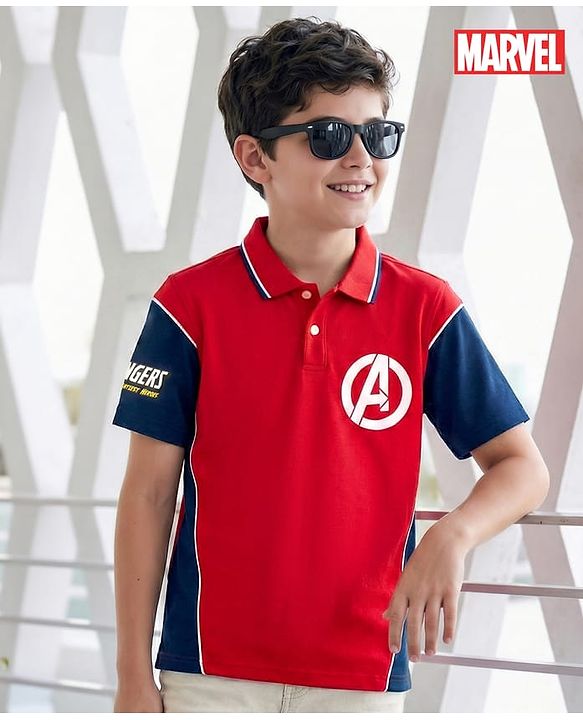 Pine Kids Marvel Terry Knit Half Sleeve Cut & Sew Polo T-Shirt with Avengers Graphic - Multicolor
