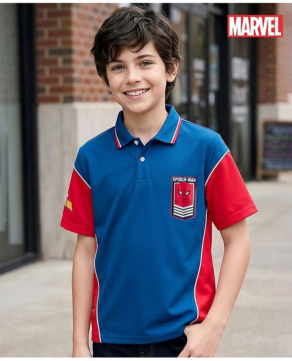 Pine Kids Marvel Terry Knit Half Sleeves Cut & Sew Polo T-Shirt with Spider-Man Graphic - Blue & Red