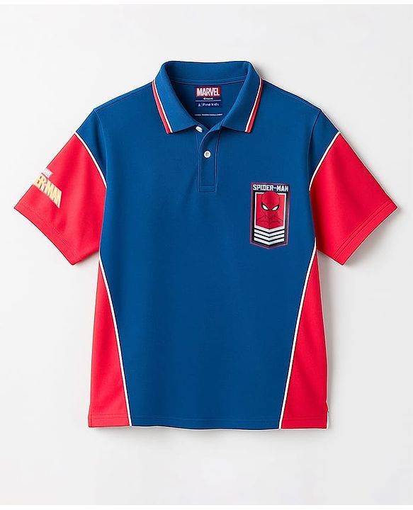 Pine Kids Marvel Terry Knit Half Sleeves Cut & Sew Polo T-Shirt with Spider-Man Graphic - Blue & Red
