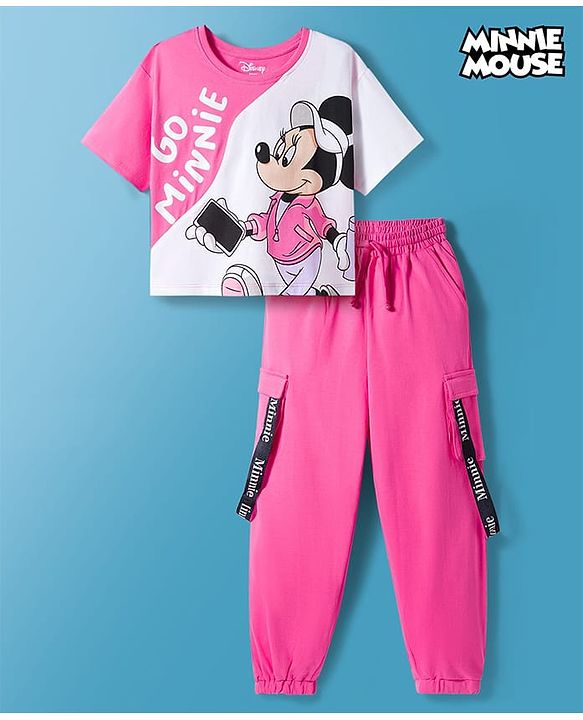 Pine Kids Disney Single Jersey Knit Drop Shoulder Half Sleeves Cut & Sew T-Shirt with Joggers Set With Minnie Mouse Graphics - Pink & White