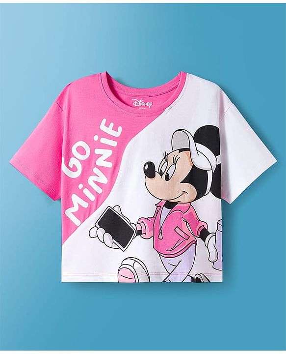 Pine Kids Disney Single Jersey Knit Drop Shoulder Half Sleeves Cut & Sew T-Shirt with Joggers Set With Minnie Mouse Graphics - Pink & White