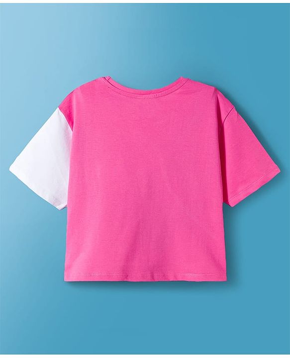 Pine Kids Disney Single Jersey Knit Drop Shoulder Half Sleeves Cut & Sew T-Shirt with Joggers Set With Minnie Mouse Graphics - Pink & White