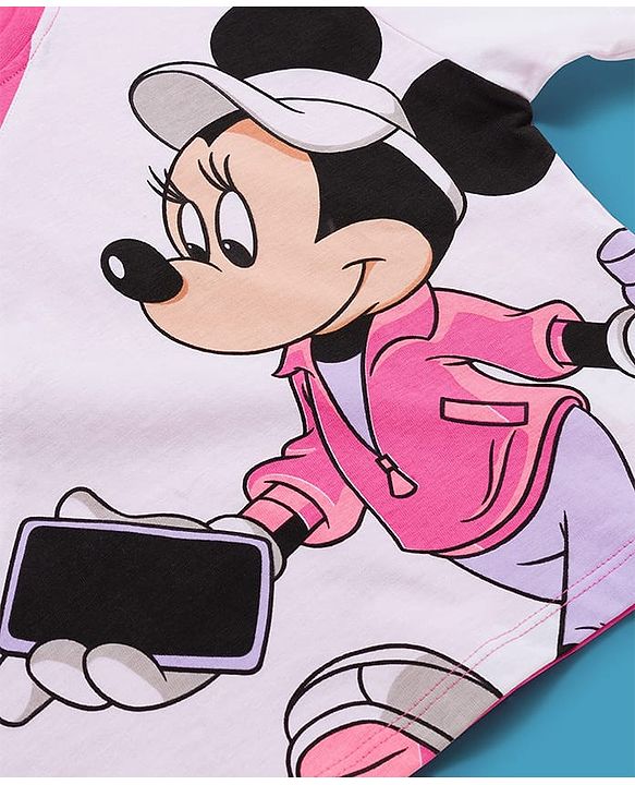 Pine Kids Disney Single Jersey Knit Drop Shoulder Half Sleeves Cut & Sew T-Shirt with Joggers Set With Minnie Mouse Graphics - Pink & White