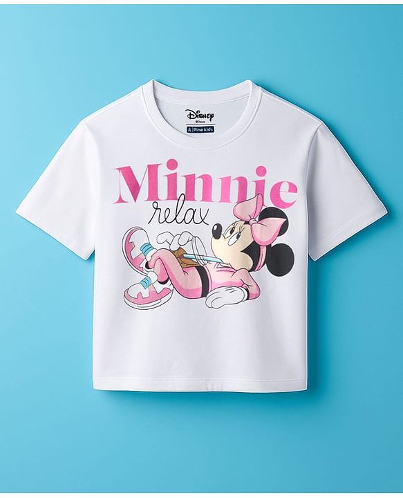 Pine Kids Disney Single Jersey Knit Drop Shoulder Oversized Half Sleeves Crop Top & Joggers Set With Minnie Mouse Graphics - White & Pink