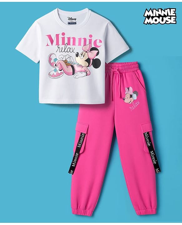 Pine Kids Disney Single Jersey Knit Drop Shoulder Oversized Half Sleeves Crop Top & Joggers Set With Minnie Mouse Graphics - White & Pink