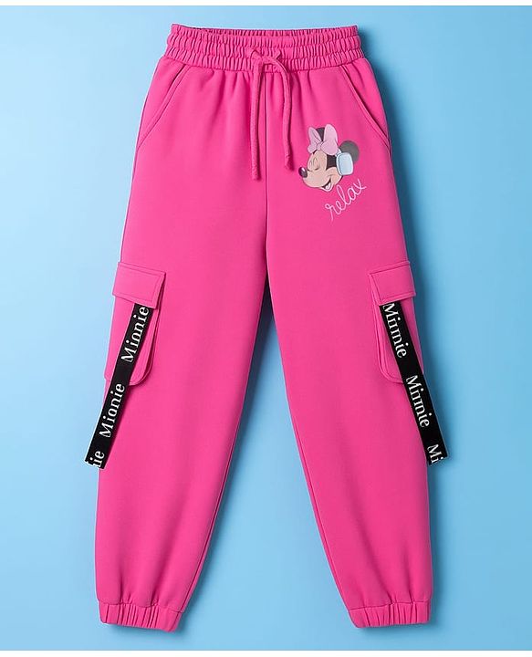 Pine Kids Disney Single Jersey Knit Drop Shoulder Oversized Half Sleeves Crop Top & Joggers Set With Minnie Mouse Graphics - White & Pink