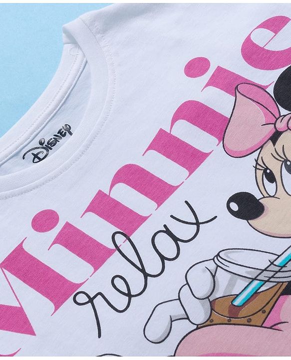 Pine Kids Disney Single Jersey Knit Drop Shoulder Oversized Half Sleeves Crop Top & Joggers Set With Minnie Mouse Graphics - White & Pink