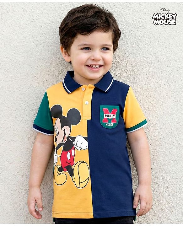 Babyhug Disney Single Jersey Knit Half Sleeves Cut & Sew Polo T-Shirt with Mickey Mouse Graphic - Multicolor