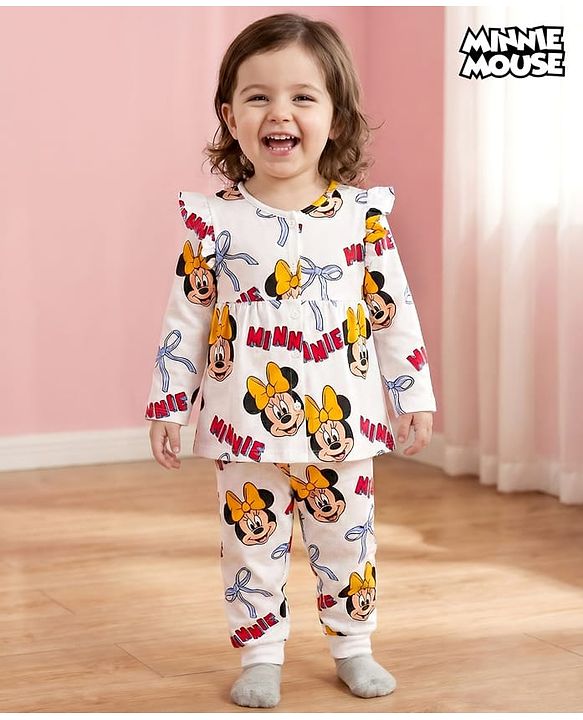 Babyhug Disney Single Jersey Knit Full Sleeves Co-ord Night Suit With Minnie Mouse Print - White