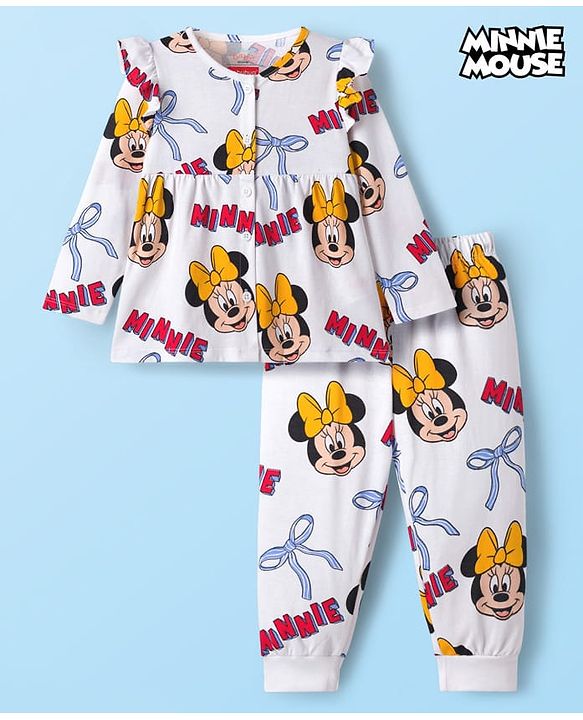 Babyhug Disney Single Jersey Knit Full Sleeves Co-ord Night Suit With Minnie Mouse Print - White