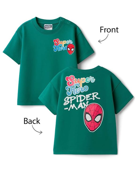 Babyhug Marvel Single Jersey Knit Drop Shoulder Half Sleeves Oversized T-Shirt with Front & Back Spiderman Graphic - Green