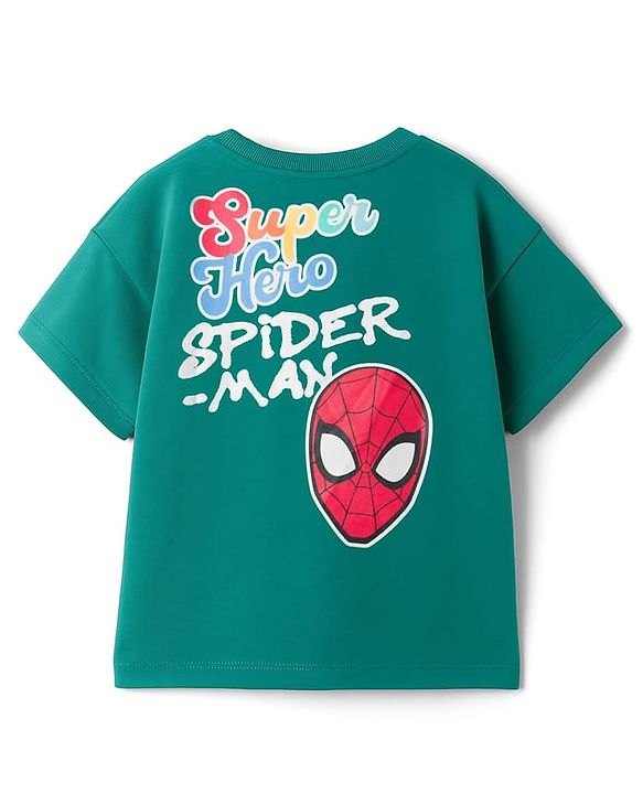 Babyhug Marvel Single Jersey Knit Drop Shoulder Half Sleeves Oversized T-Shirt with Front & Back Spiderman Graphic - Green