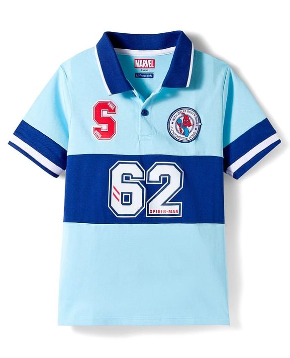 Pine Kids Marvel 100% Cotton Knit Half Sleeves Cut & Sew Polo T-Shirt With Front & Back Spiderman Graphics - Blue
