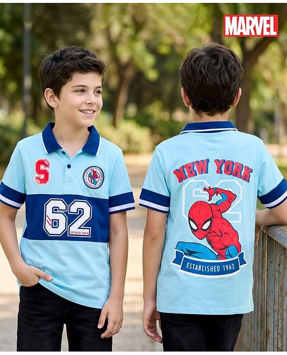 Pine Kids Marvel 100% Cotton Knit Half Sleeves Cut & Sew Polo T-Shirt With Front & Back Spiderman Graphics - Blue