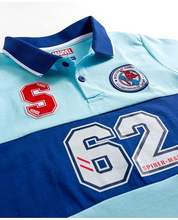 Pine Kids Marvel 100% Cotton Knit Half Sleeves Cut & Sew Polo T-Shirt With Front & Back Spiderman Graphics - Blue