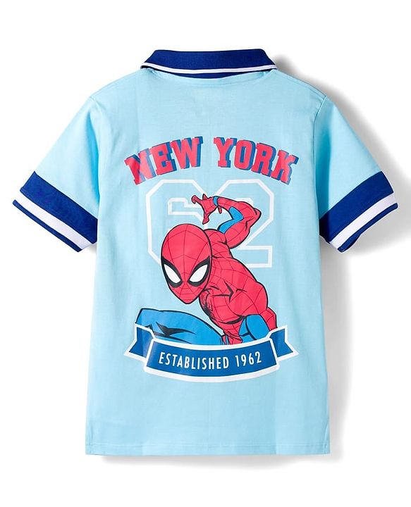 Pine Kids Marvel 100% Cotton Knit Half Sleeves Cut & Sew Polo T-Shirt With Front & Back Spiderman Graphics - Blue