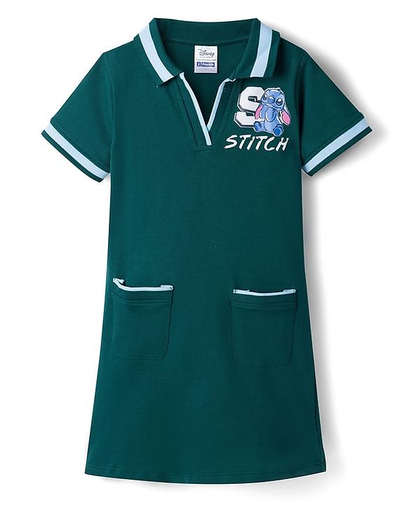 Pine Kids Disney Single Jersey Knit Half Sleeves Frock With Stitch & Angel Graphics - Dark Green