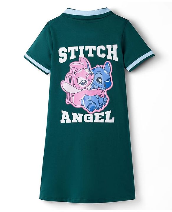 Pine Kids Disney Single Jersey Knit Half Sleeves Frock With Stitch & Angel Graphics - Dark Green