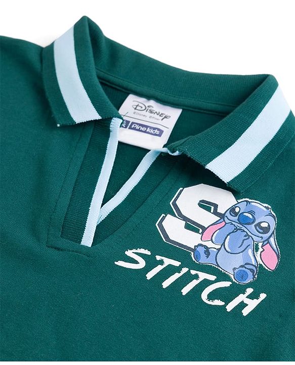 Pine Kids Disney Single Jersey Knit Half Sleeves Frock With Stitch & Angel Graphics - Dark Green
