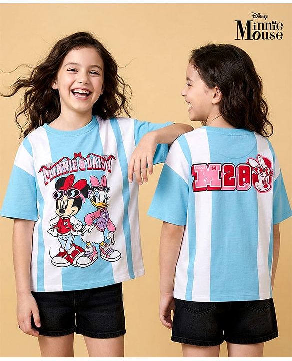 Pine Kids Disney Terry Knit Drop Shoulder Half Sleeves T-Shirt with Minnie & Daisy Graphic - Light Blue & White