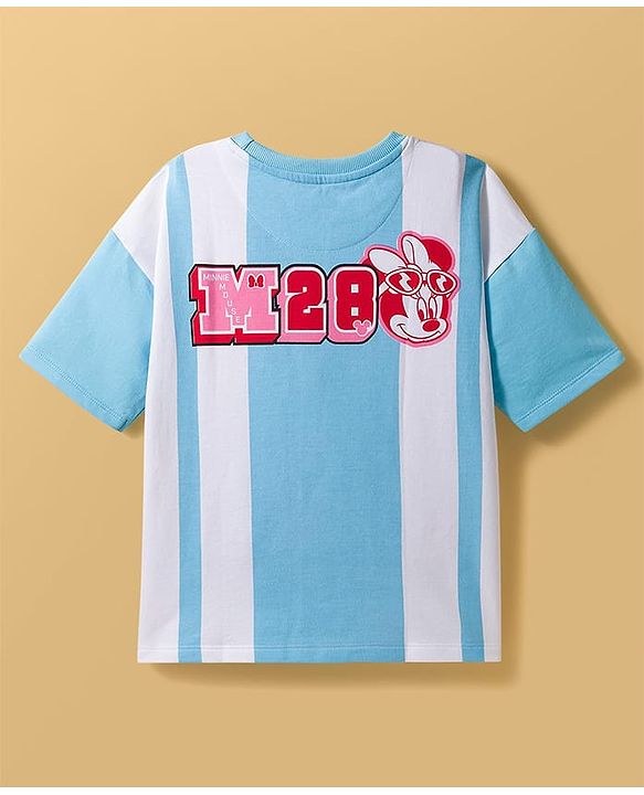 Pine Kids Disney Terry Knit Drop Shoulder Half Sleeves T-Shirt with Minnie & Daisy Graphic - Light Blue & White