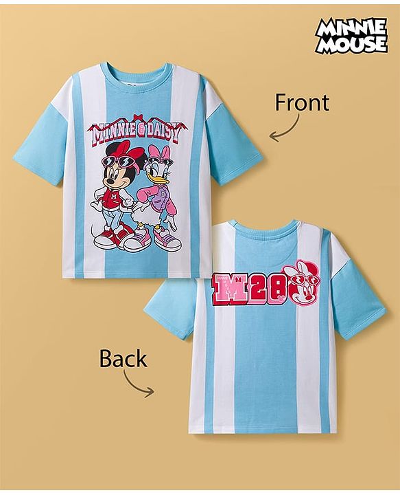Pine Kids Disney Terry Knit Drop Shoulder Half Sleeves T-Shirt with Minnie & Daisy Graphic - Light Blue & White