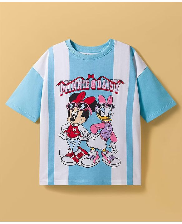 Pine Kids Disney Terry Knit Drop Shoulder Half Sleeves T-Shirt with Minnie & Daisy Graphic - Light Blue & White