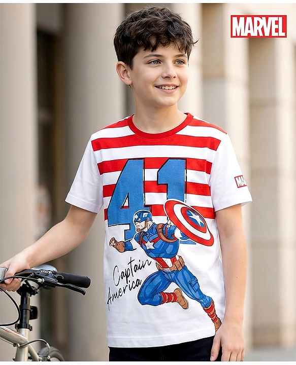 Pine Kids Marvel Single Jersey Knit Half Sleeves T-Shirt with Captain America Graphic - White