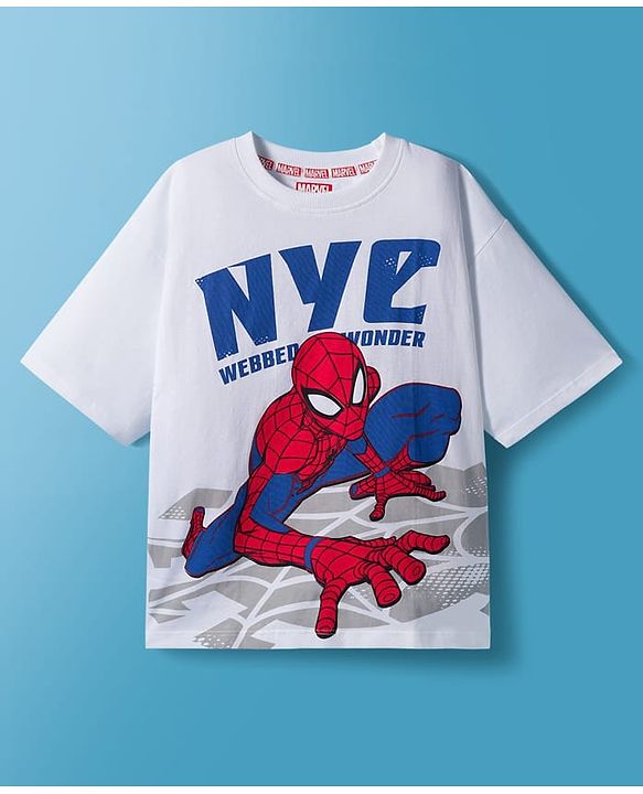 Pine Kids Marvel Single Jersey Single Jersey Drop Shoulder Half Sleeves T-Shirt with Spider-Man Graphic - White