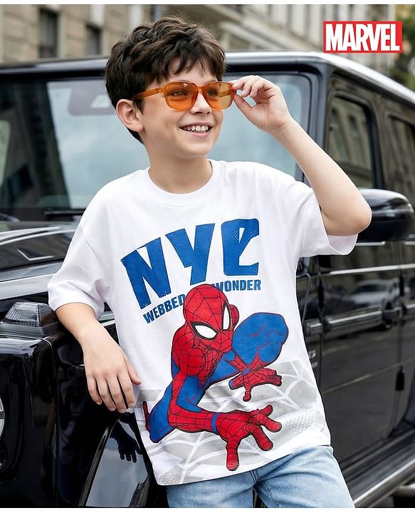 Pine Kids Marvel Single Jersey Single Jersey Drop Shoulder Half Sleeves T-Shirt with Spider-Man Graphic - White