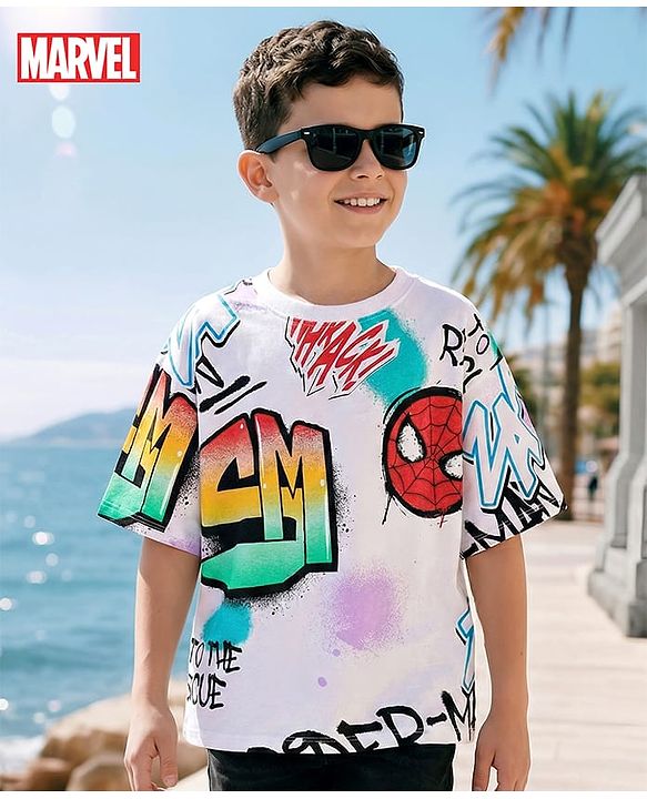 Pine Kids Marvel Terry Knit Drop Shoulder Half Sleeves T-Shirt with Spider-Man All Over Print  - White
