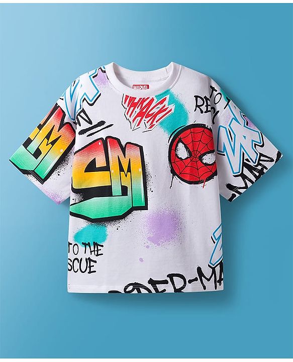 Pine Kids Marvel Terry Knit Drop Shoulder Half Sleeves T-Shirt with Spider-Man All Over Print  - White