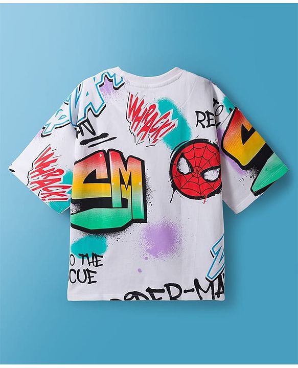 Pine Kids Marvel Terry Knit Drop Shoulder Half Sleeves T-Shirt with Spider-Man All Over Print  - White