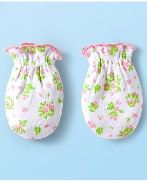 Babyhug 100% Cotton Mittens & Booties With Floral Print - White