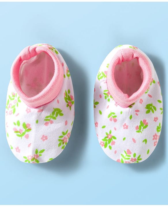 Babyhug 100% Cotton Mittens & Booties With Floral Print - White