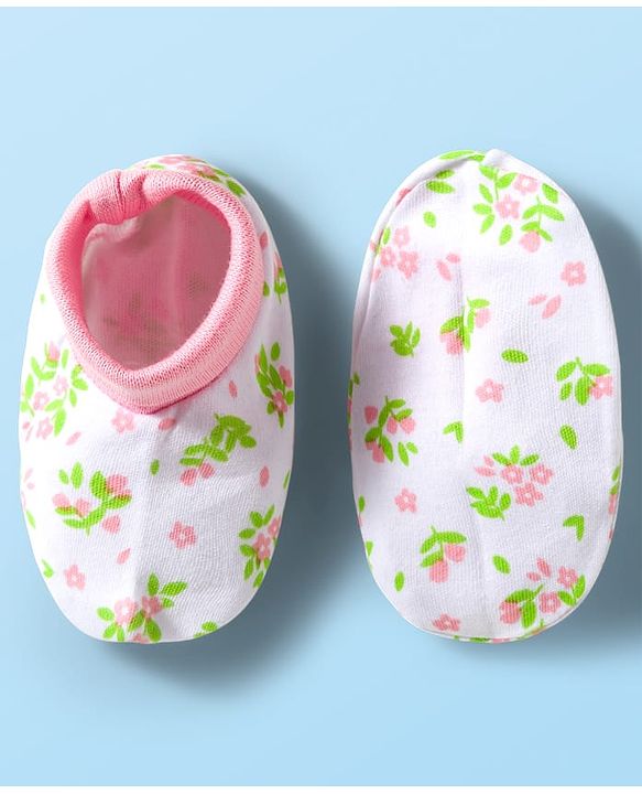 Babyhug 100% Cotton Mittens & Booties With Floral Print - White