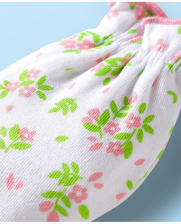 Babyhug 100% Cotton Mittens & Booties With Floral Print - White